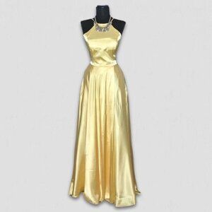 Vintage 90s Blondie Nites Yellow Satin A Line Prom Dress Women's Size 5
